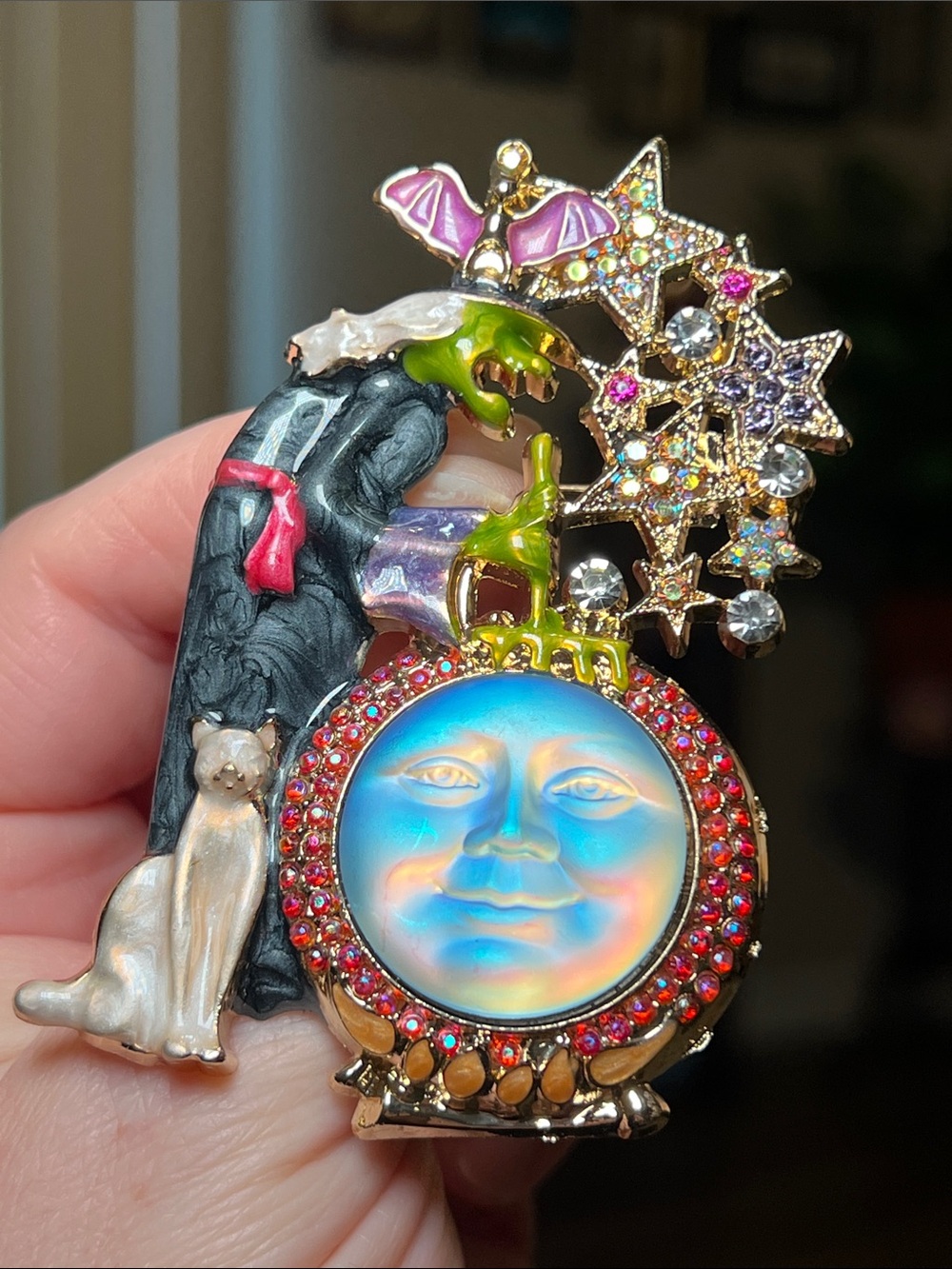 Whimsical Kirk’s Folly Style Halloween Enamel Witch Moon Face Brooch